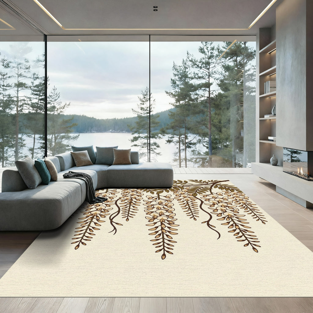 Cream Wisteria Branch Cascading Flowers Rug