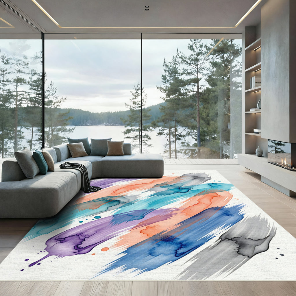 Watercolor Palette Abstract Blue Orange Brushstrokes Rug