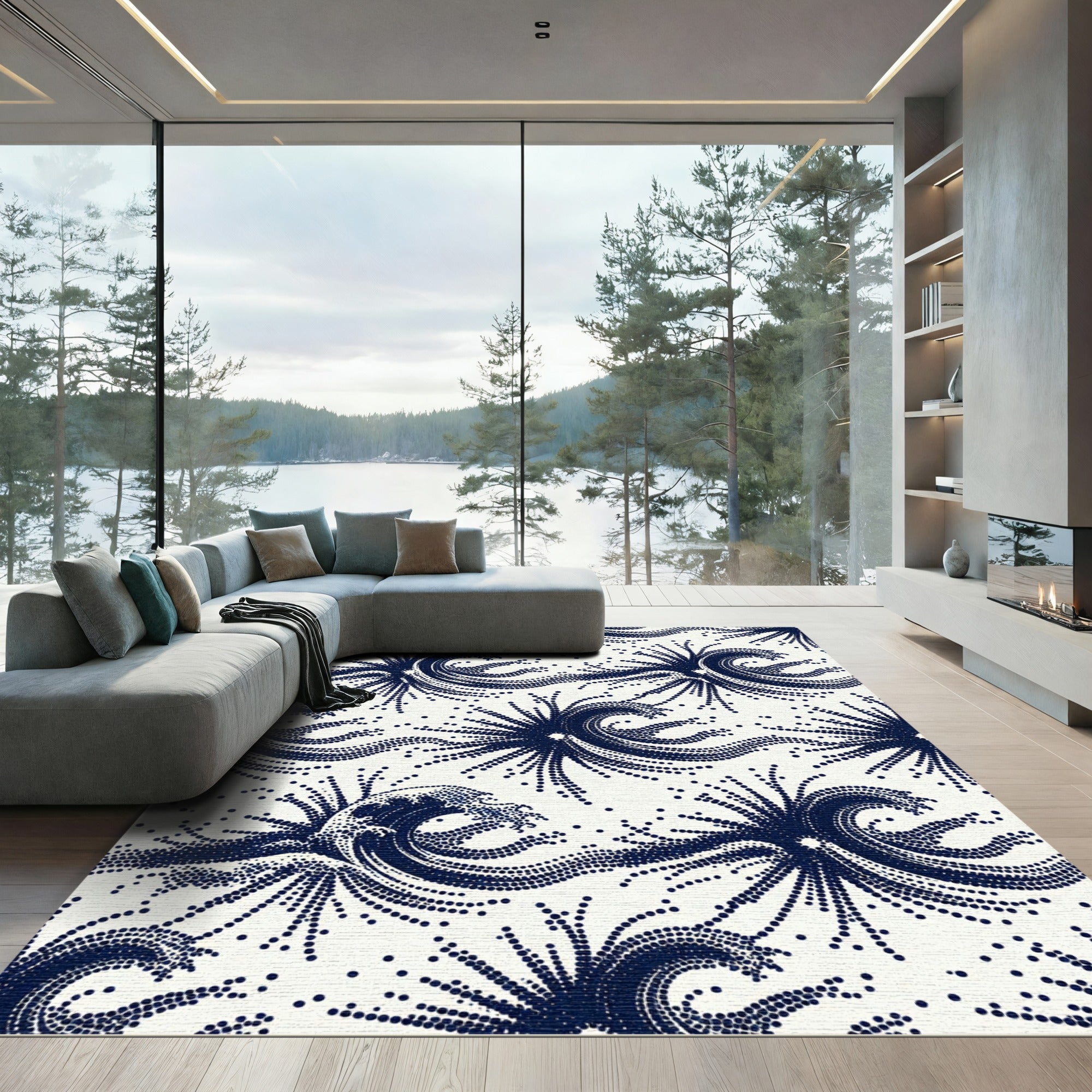 Japanese Blue Dot Wave Aesthetic Rug