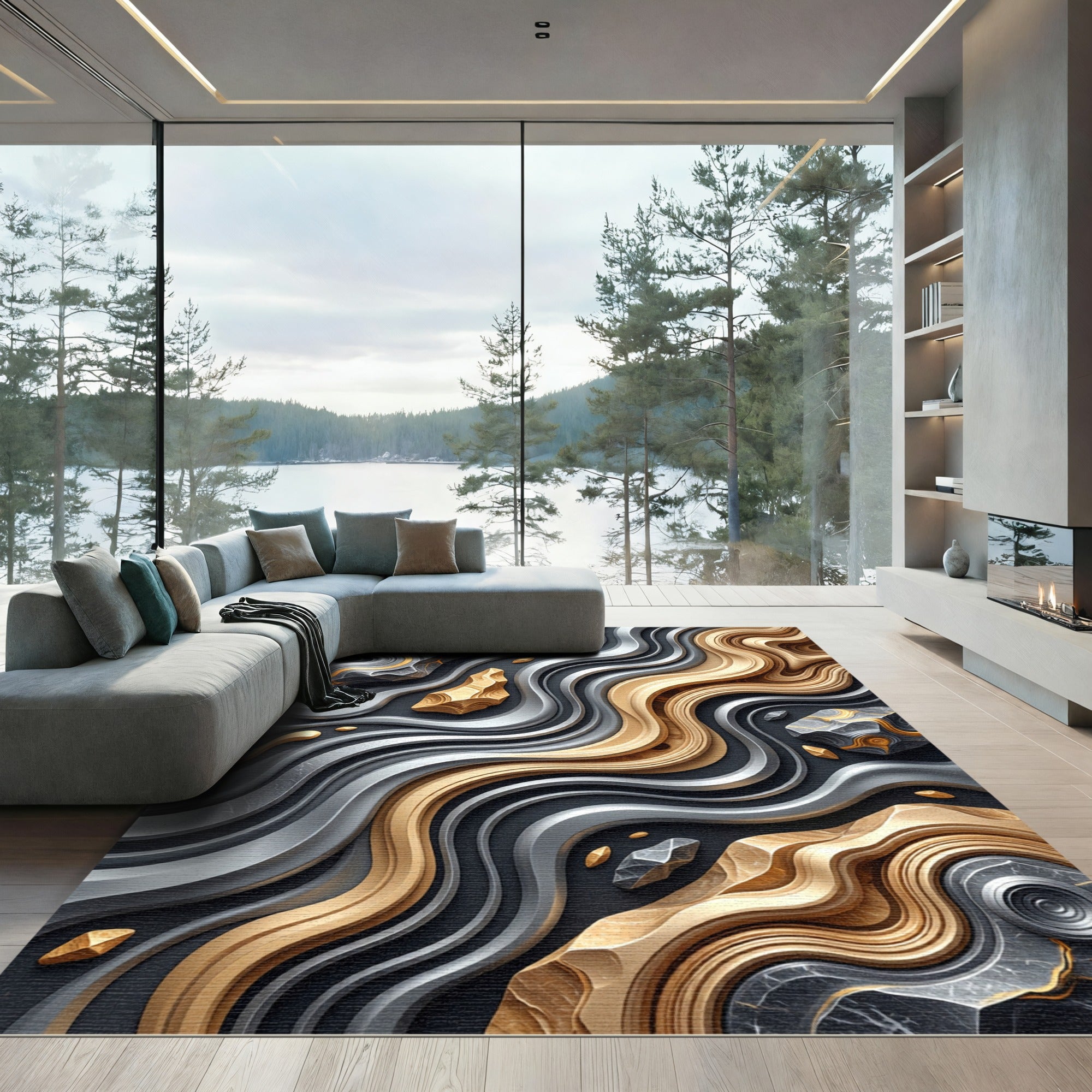 Metallic Gold and Silver Abstract Wave Rug