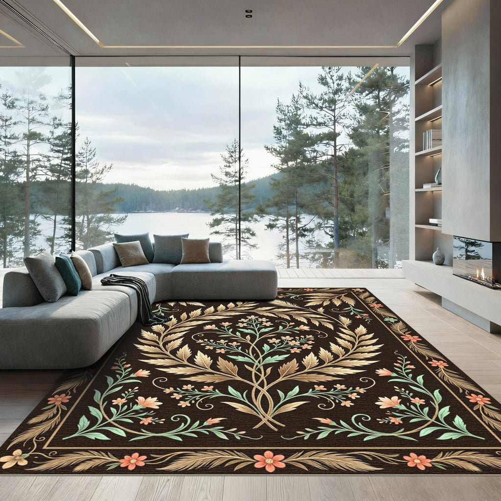 Elegant Floral Wreath Dark Botanical Art Rug