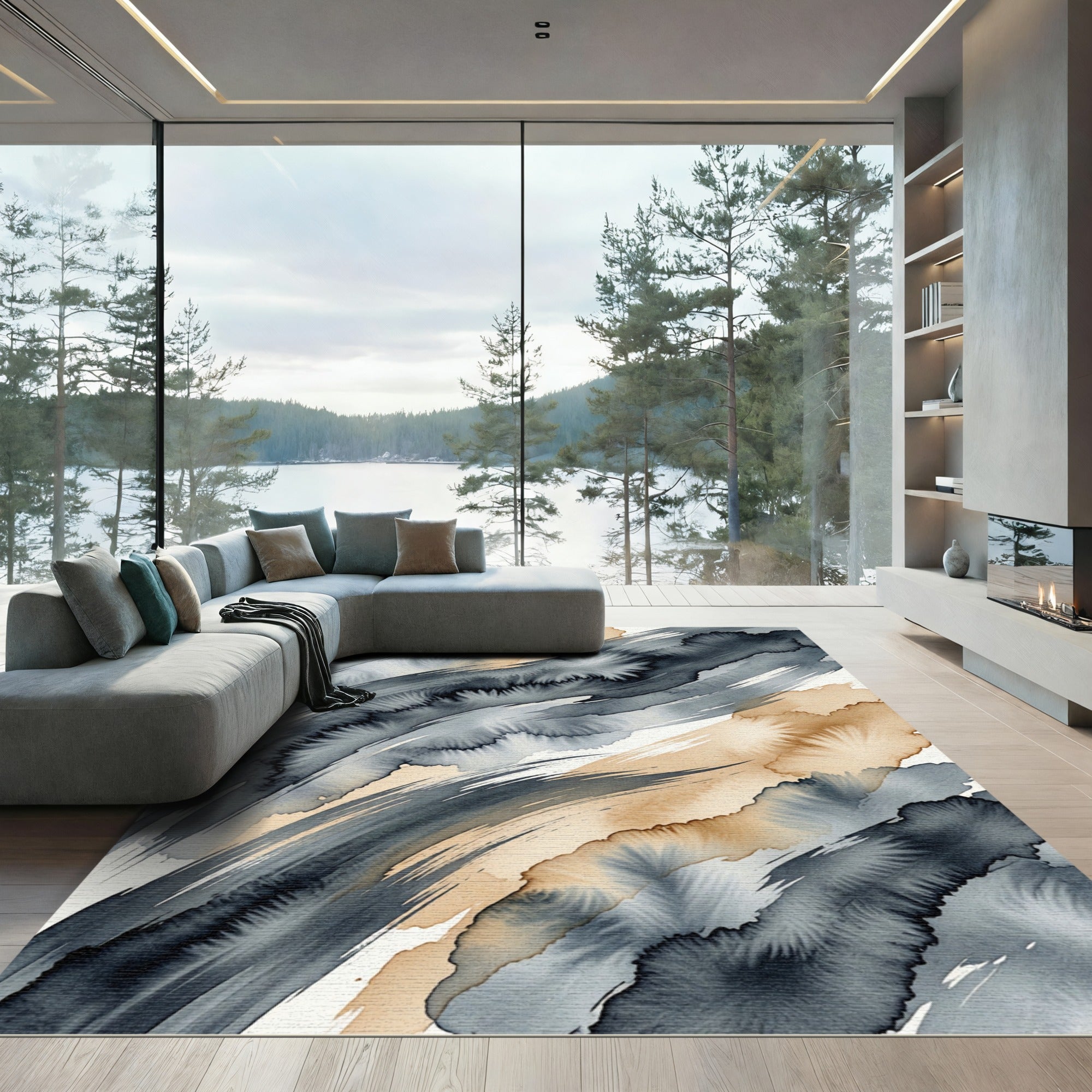 Modern Charcoal and Sand Abstract Watercolor Wave Rug