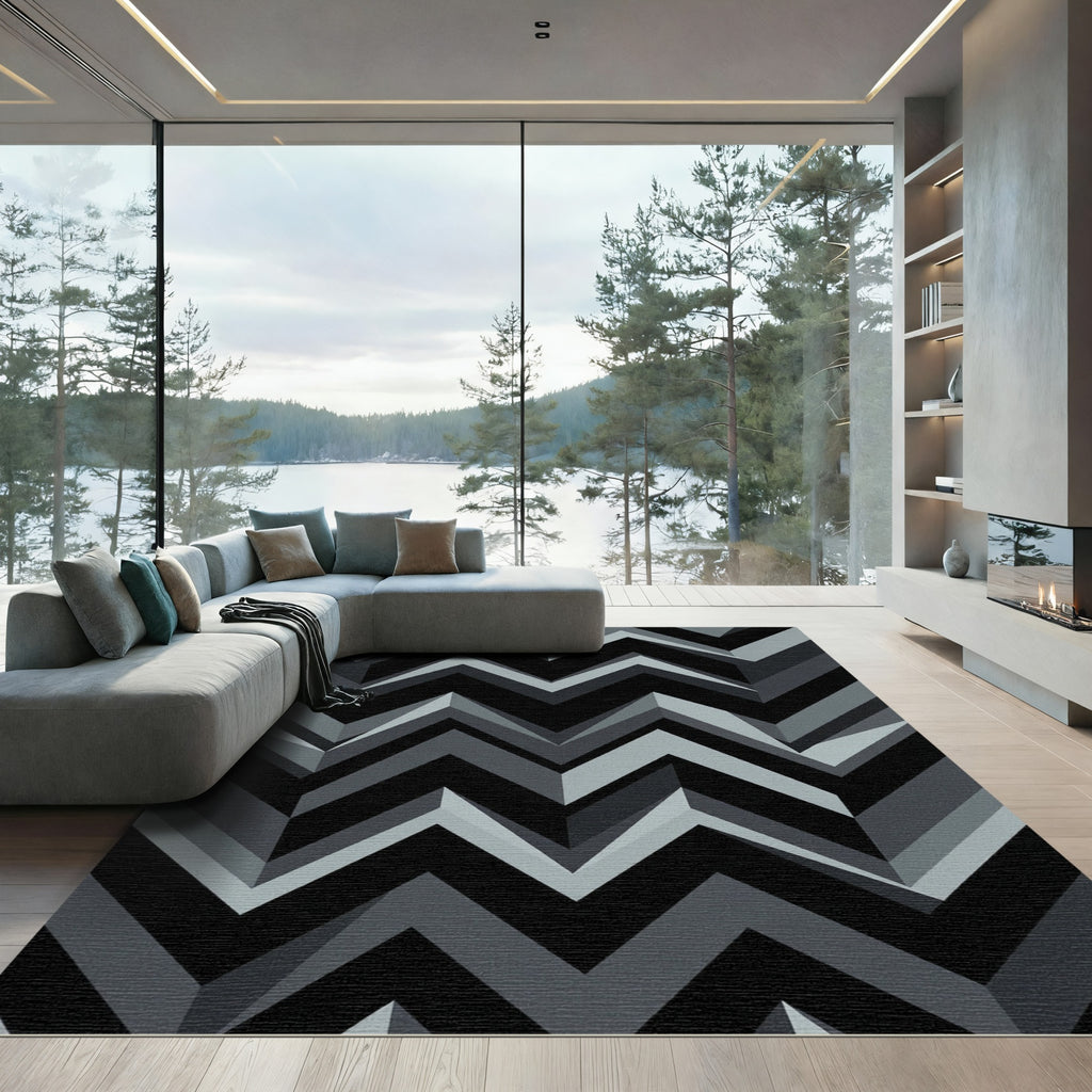 Modern Geometric Gray Black Chevron Rug