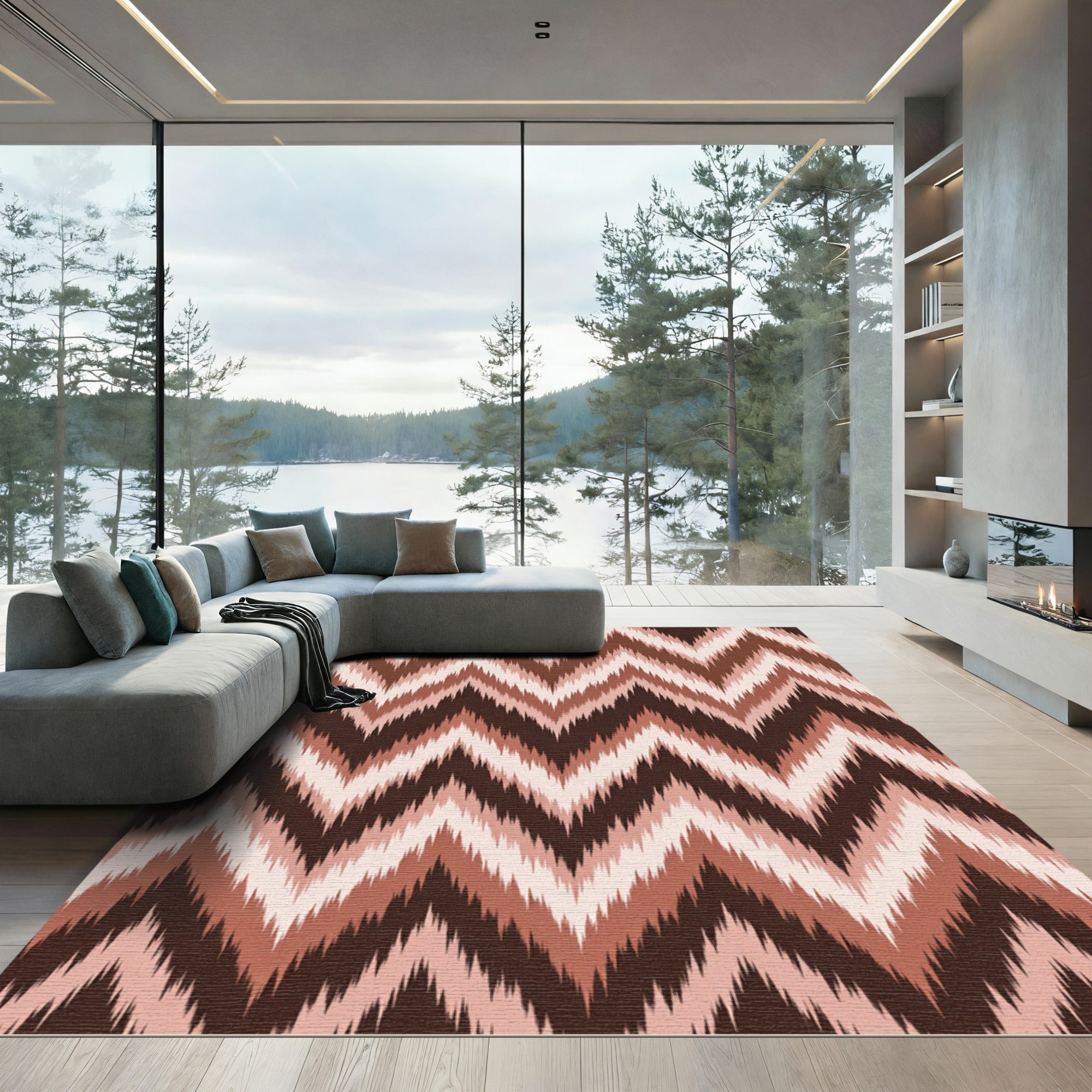 Earthy Brown Chevron Ikat Wave Rug