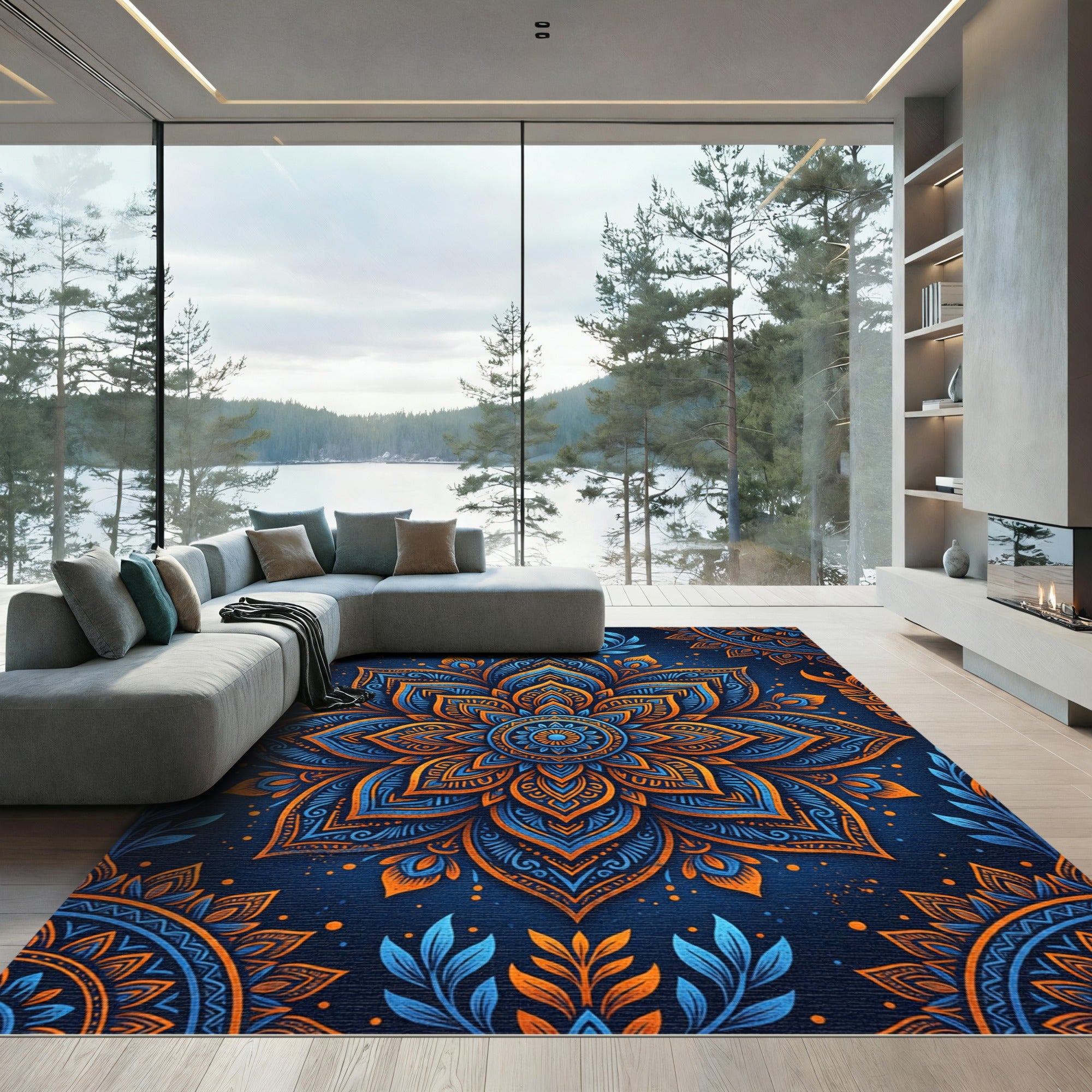 Vibrant Azure Orange Floral Mandala Rug