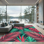 Vibrant Coral and Teal Tropical Foliage Rug