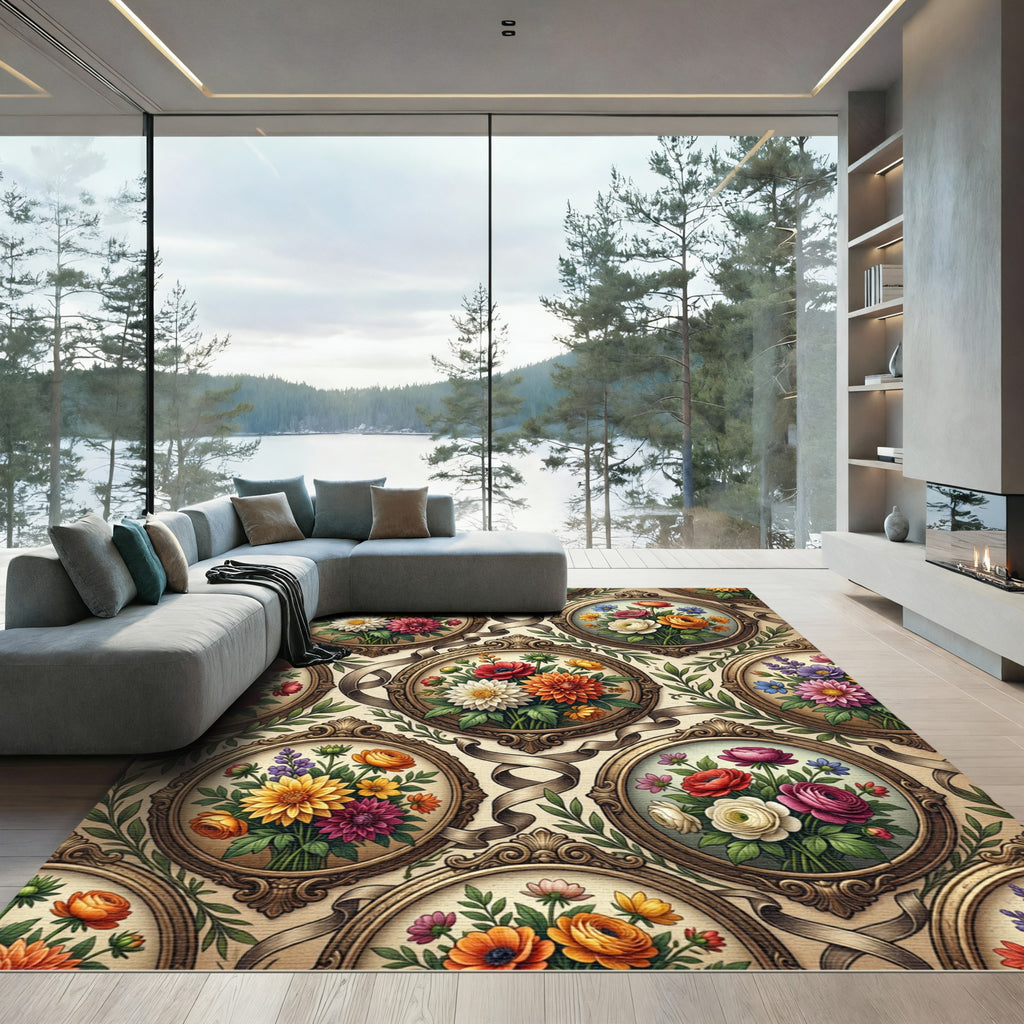 Vintage Floral Bouquet Framed Ornament Rug