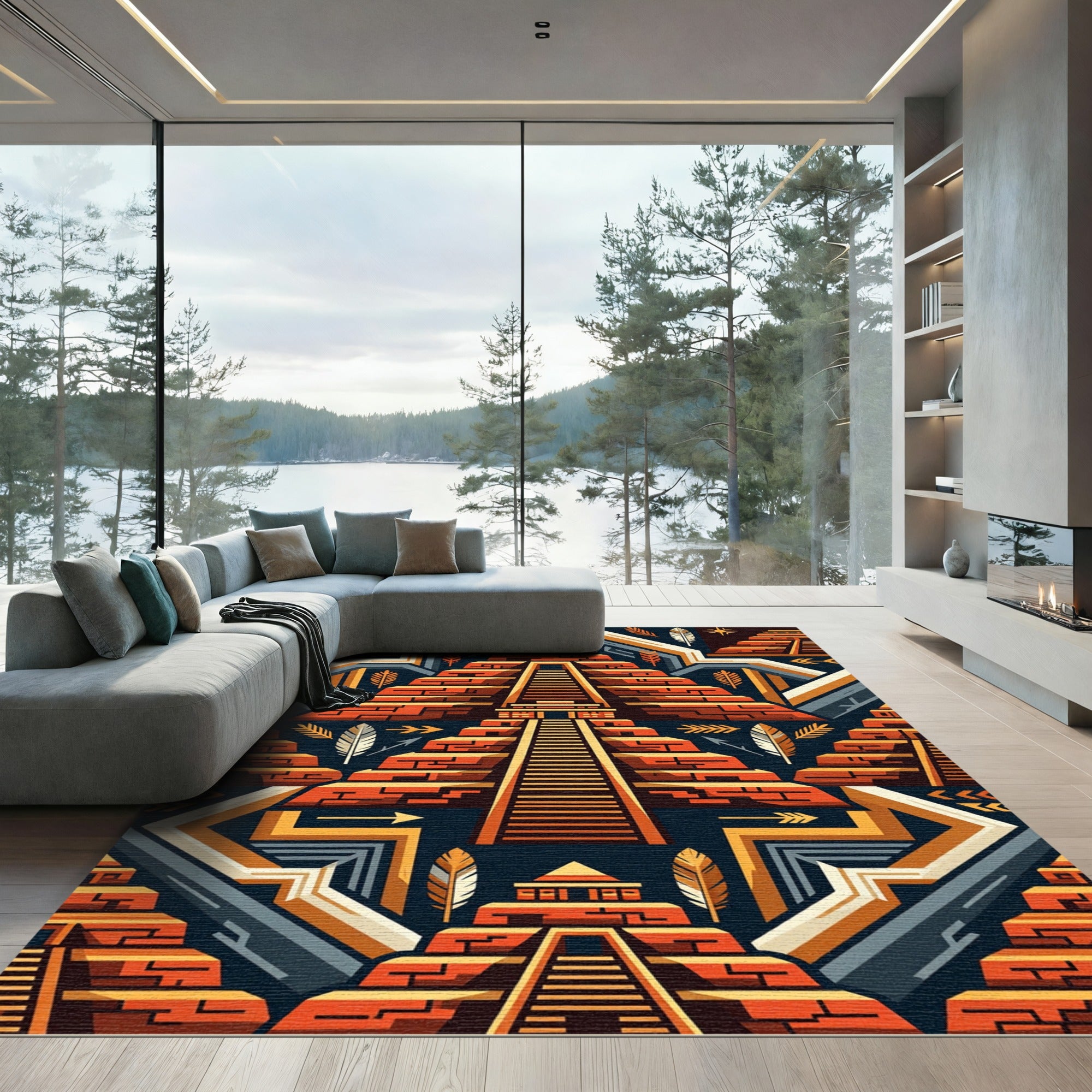 Geometric Terracotta Aztec Pyramid Staircase Rug