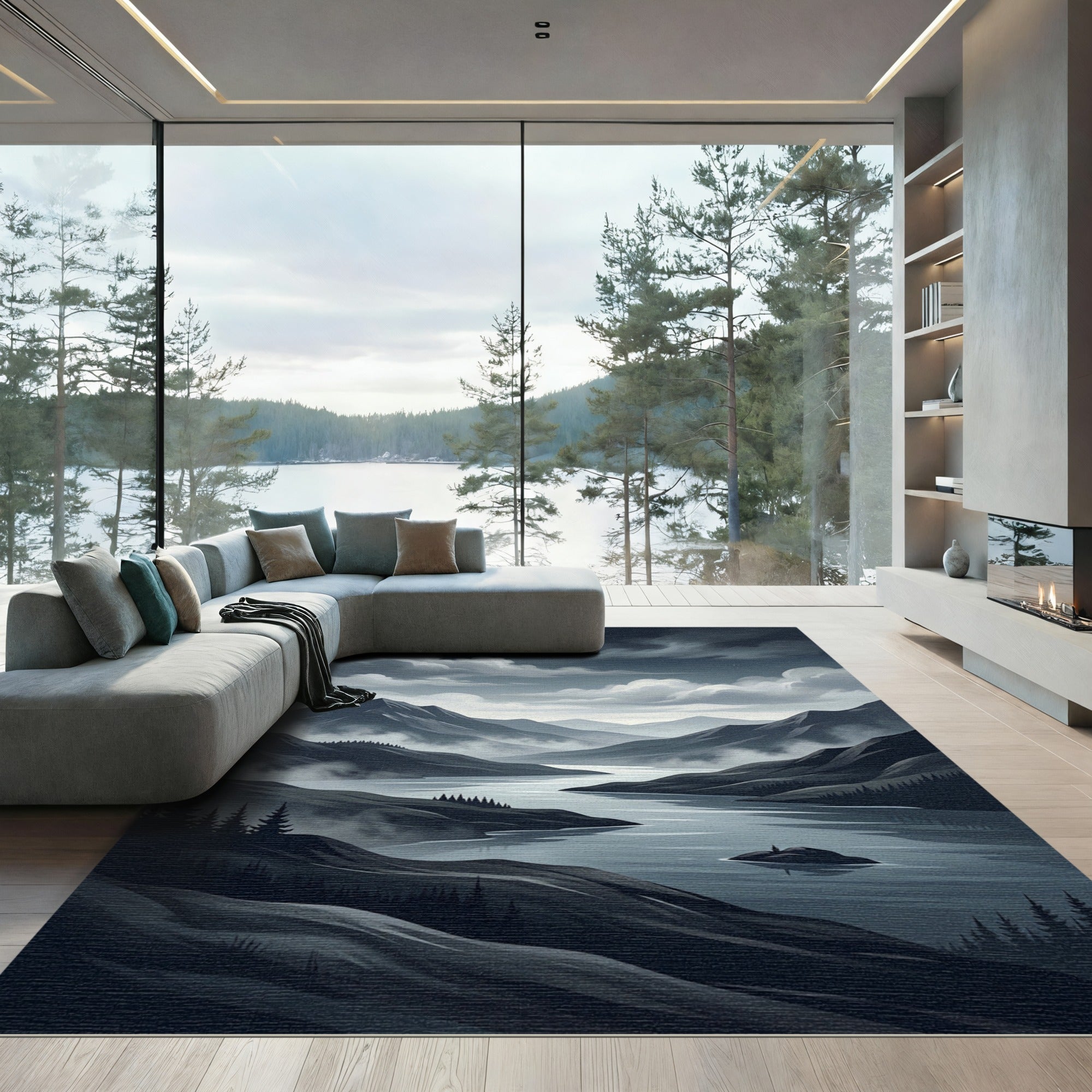 Misty Mountain Lake Twilight Landscape Rug