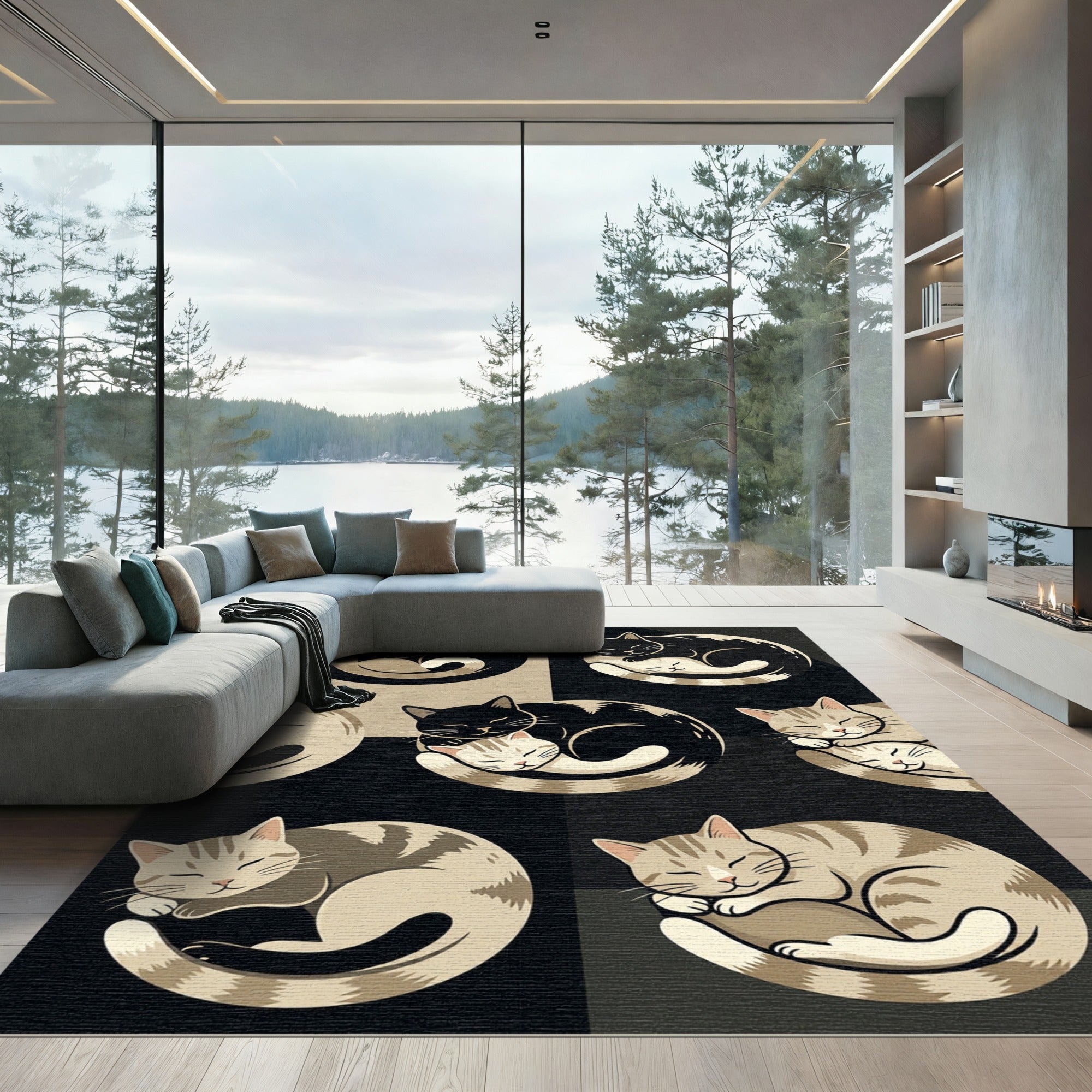 Charming Sleeping Cats Monochrome Art Rug