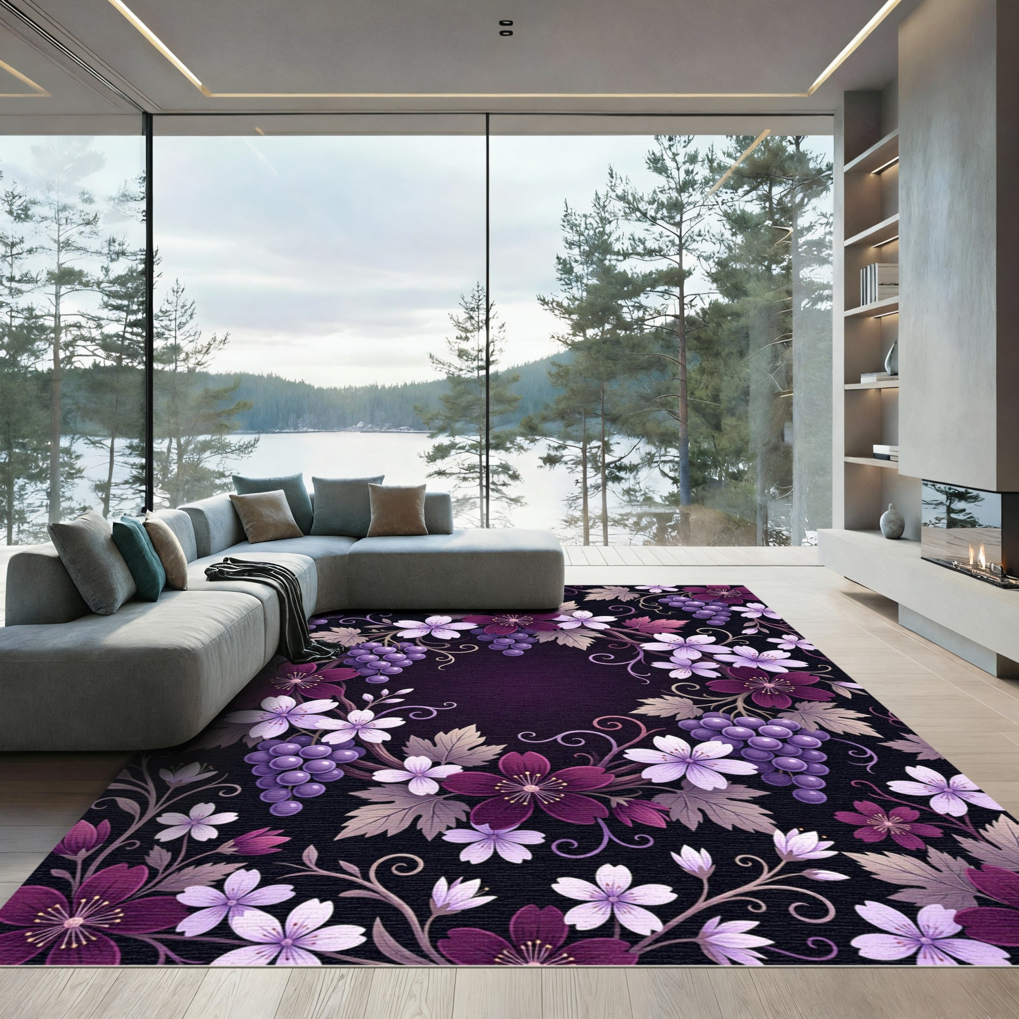 Elegant Purple Grapevine Floral Wreath Rug