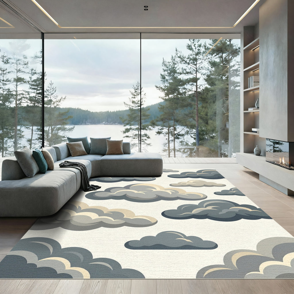 Whimsical Gray Cloudy Sky Illustration Rug