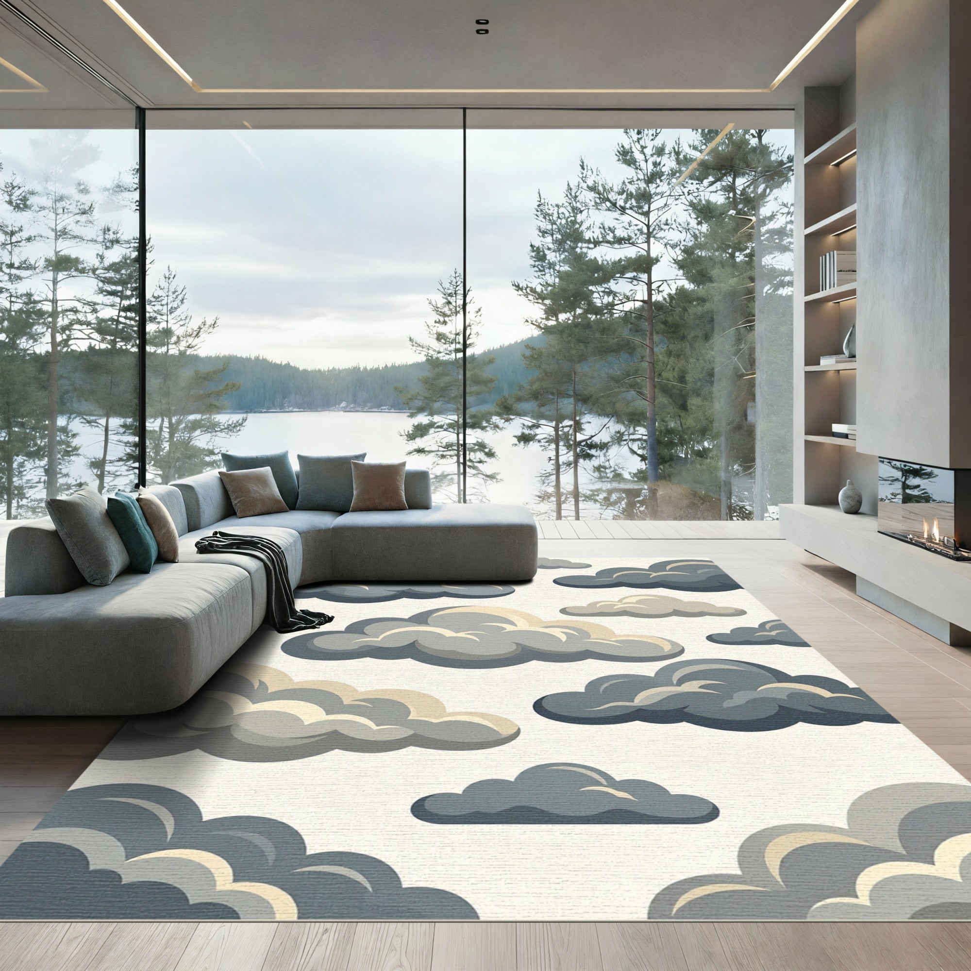 Whimsical Gray Cloudy Sky Illustration Rug