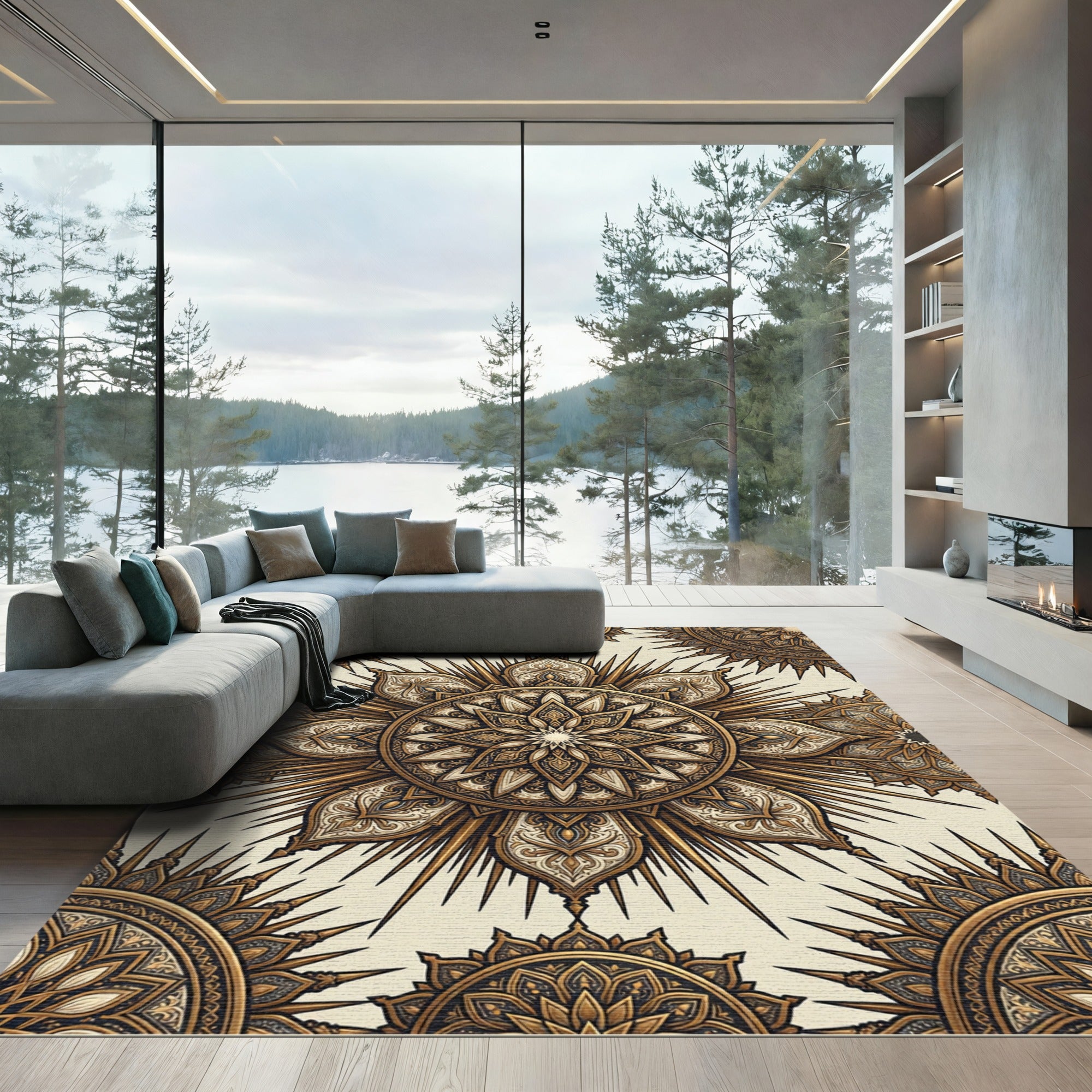 Golden Sunburst Medallion Mandala Rug