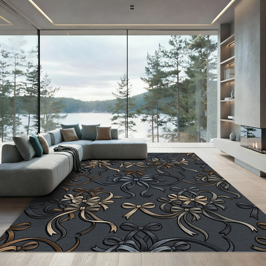 Elegant Dark Gray Ribbon Bow Garland Rug