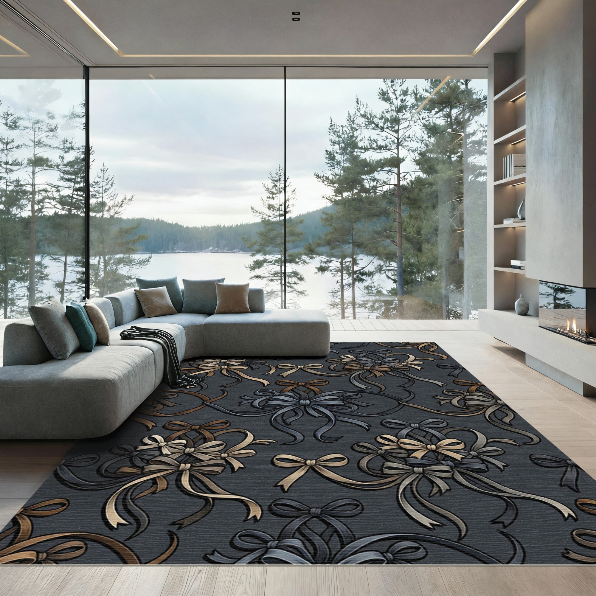 Elegant Dark Gray Ribbon Bow Garland Rug