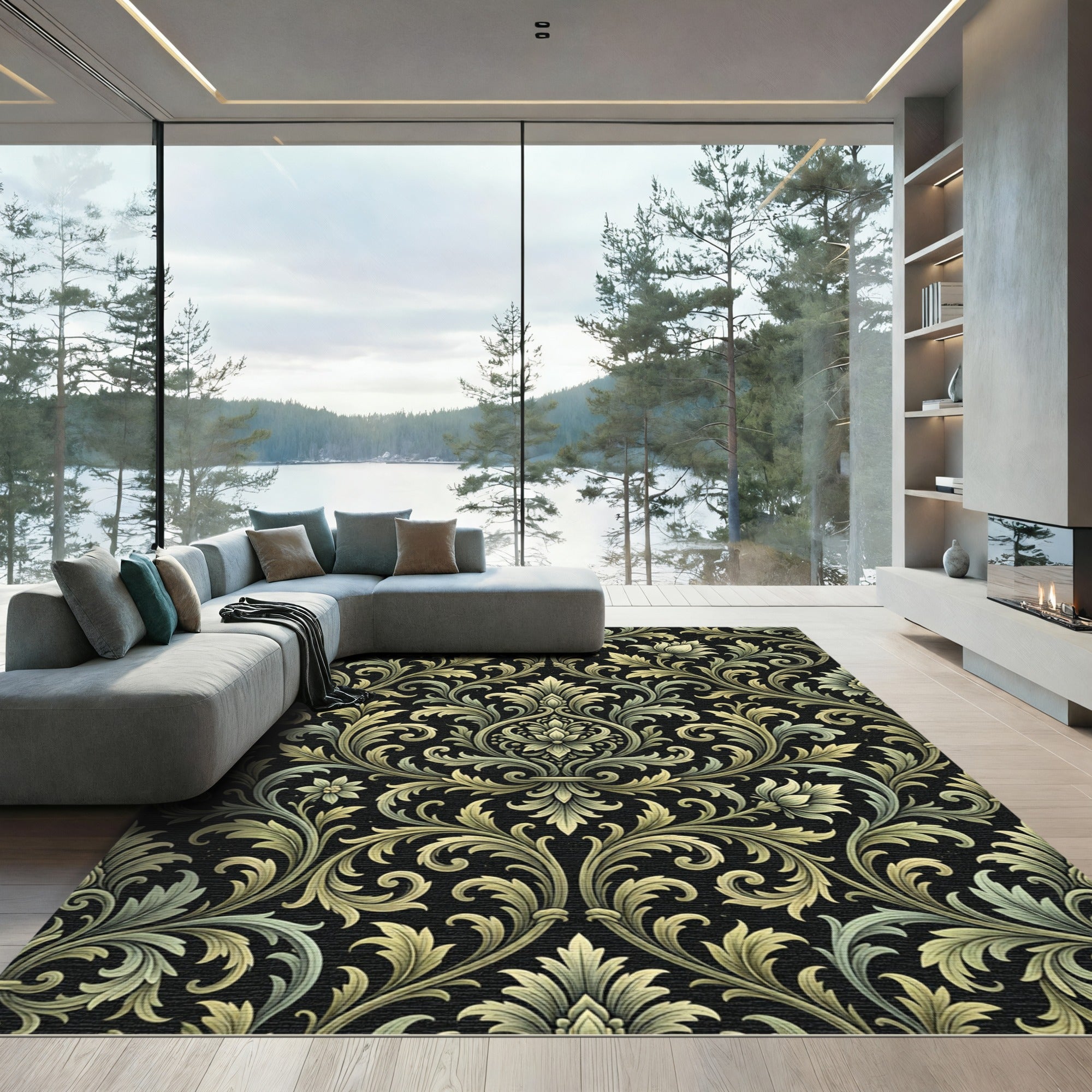 Elegant Sage Green Damask Scroll Rug