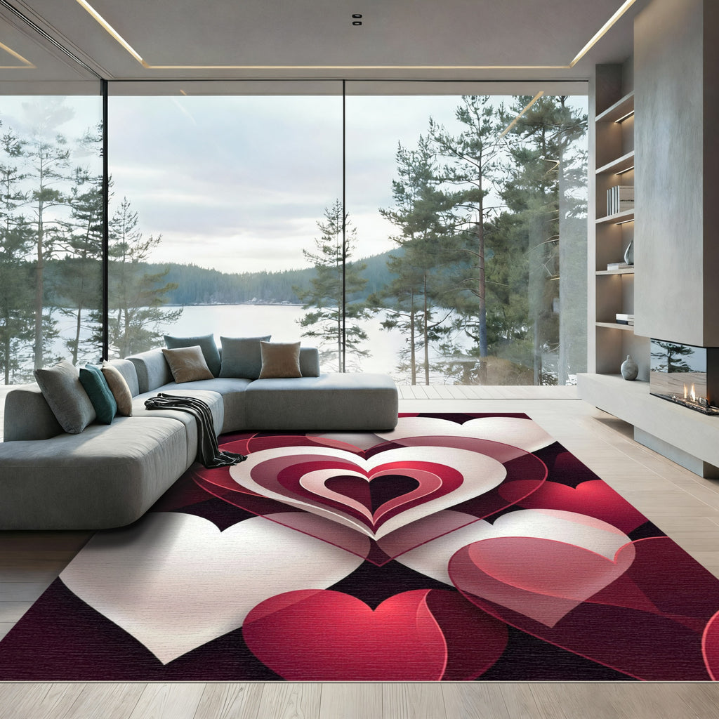 Crimson White Layered Heart Composition Rug