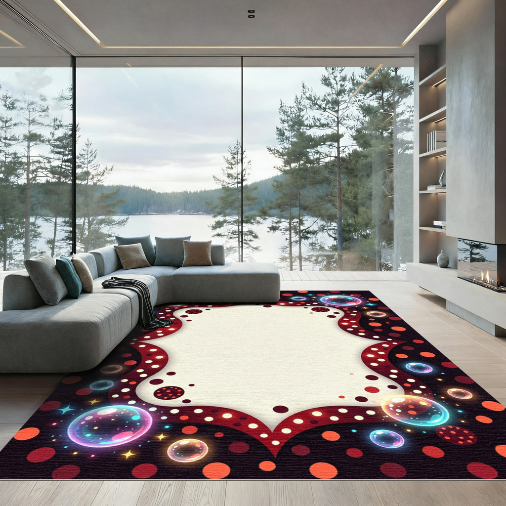 Whimsical Crimson Bubble Frame Festive Art Rug