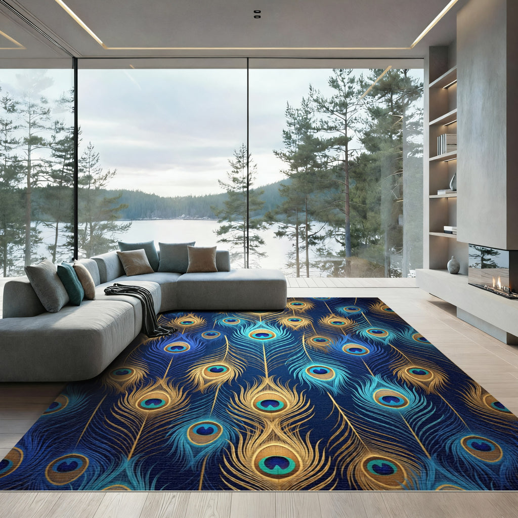 Golden Peacock Feather Royal Blue Rug