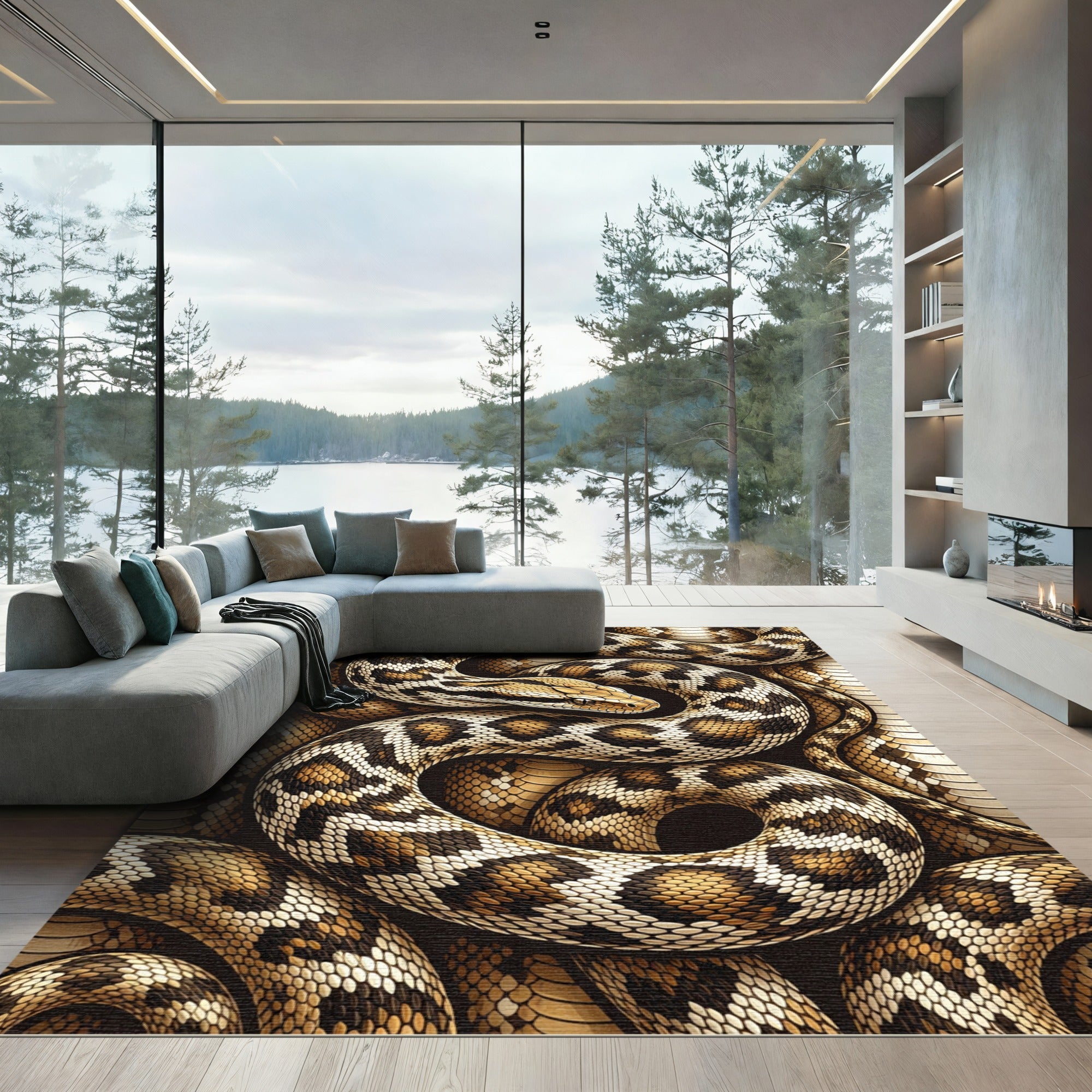 Intricate Golden Brown Serpent Scale Texture Rug