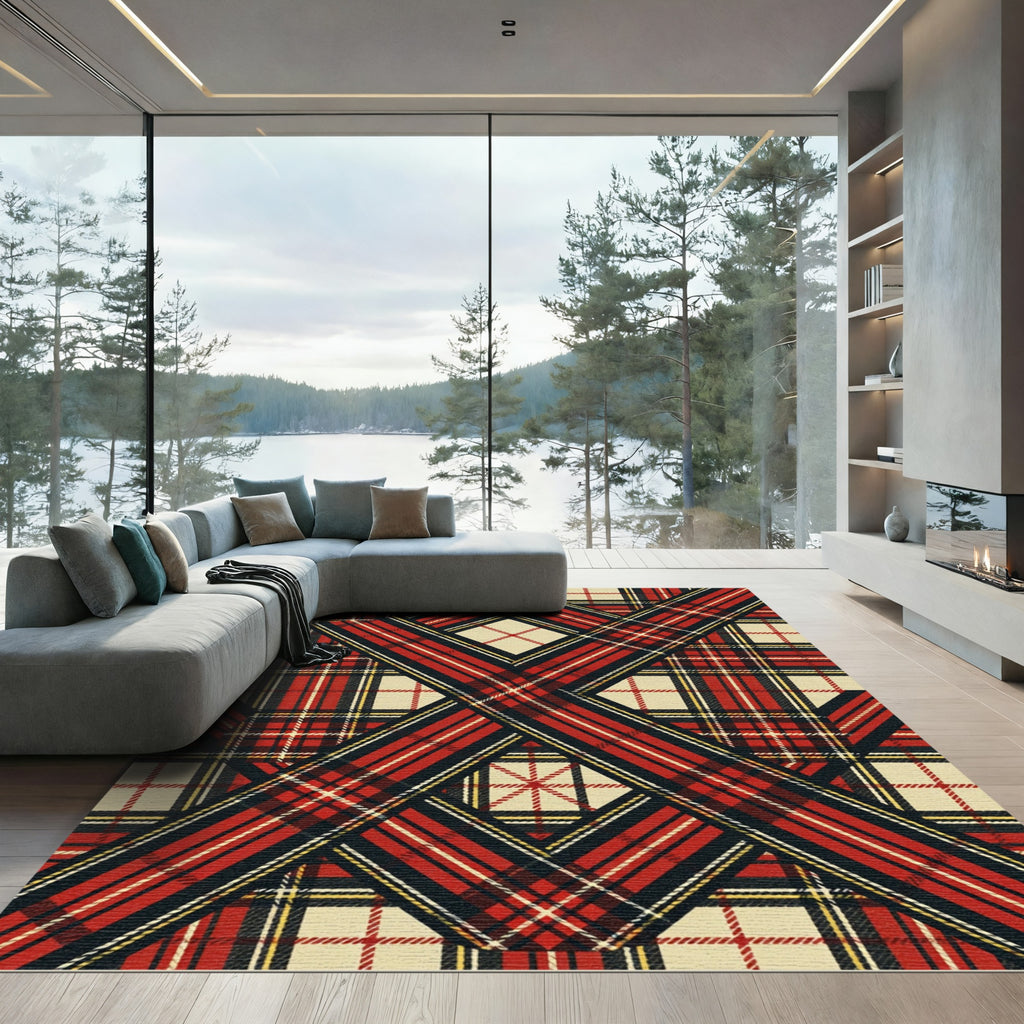 Red Tan Black Plaid Interwoven Lines Rug