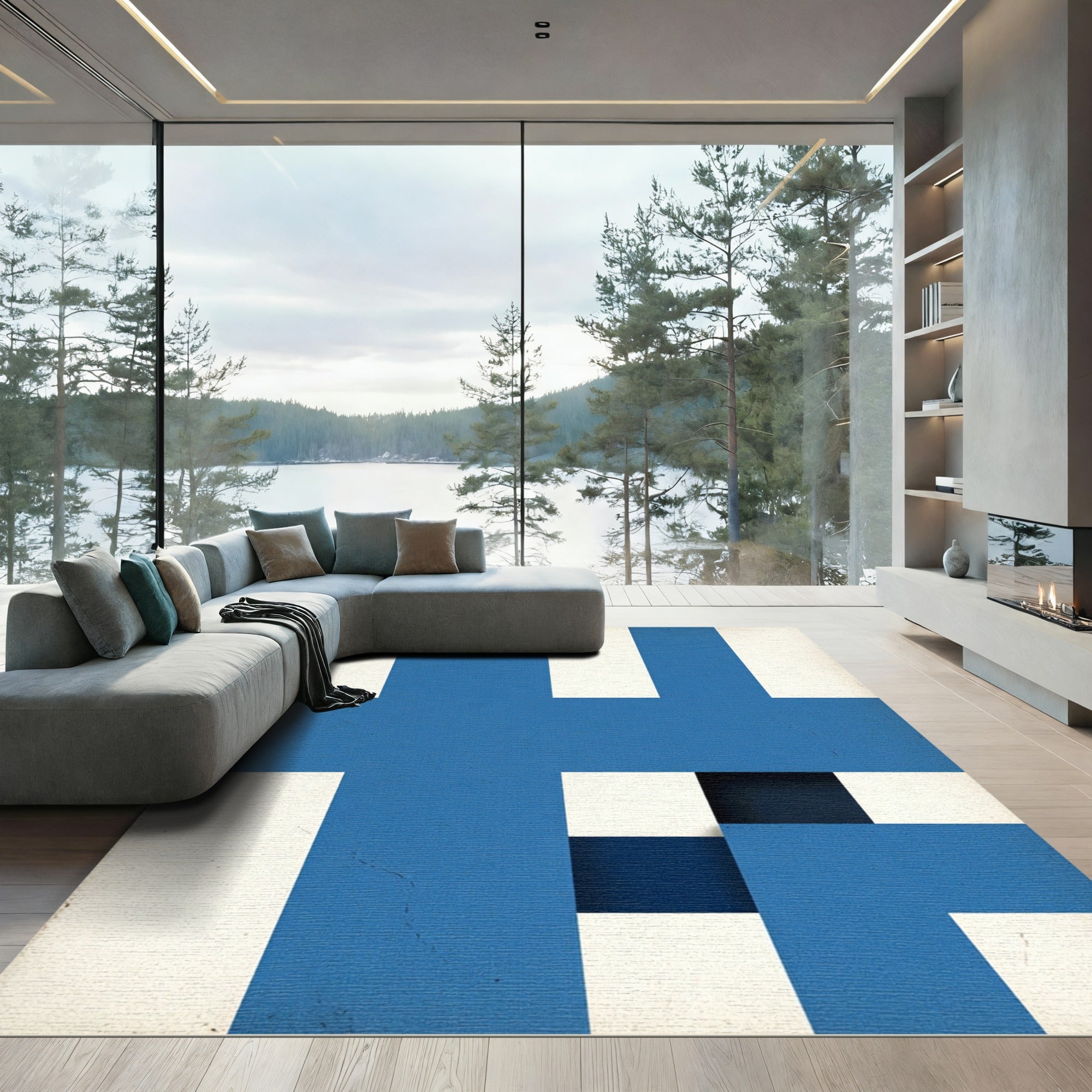 Bold Geometric Blue and White Grid Rug