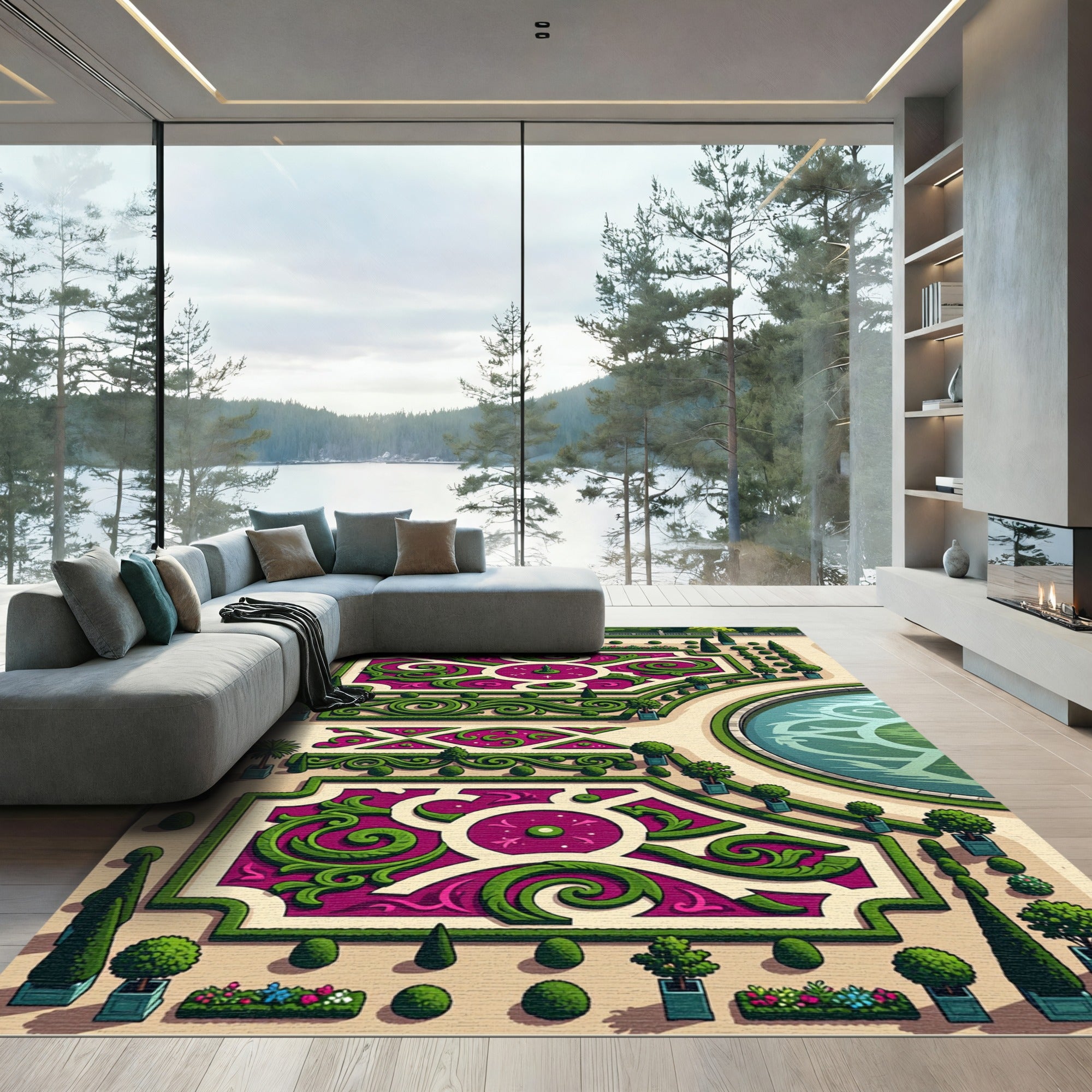 Formal Garden Scrollwork Magenta Geometric Rug