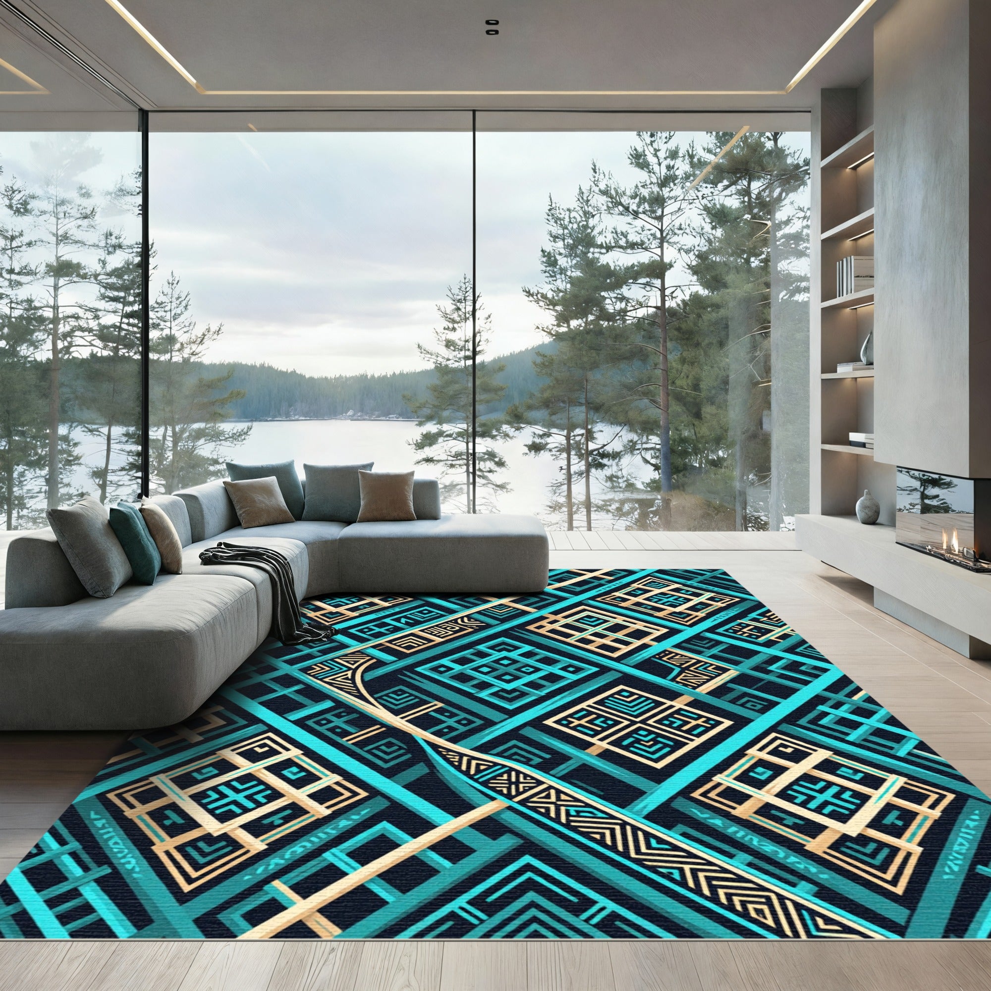 Geometric Teal and Gold Interlocking Grid Rug