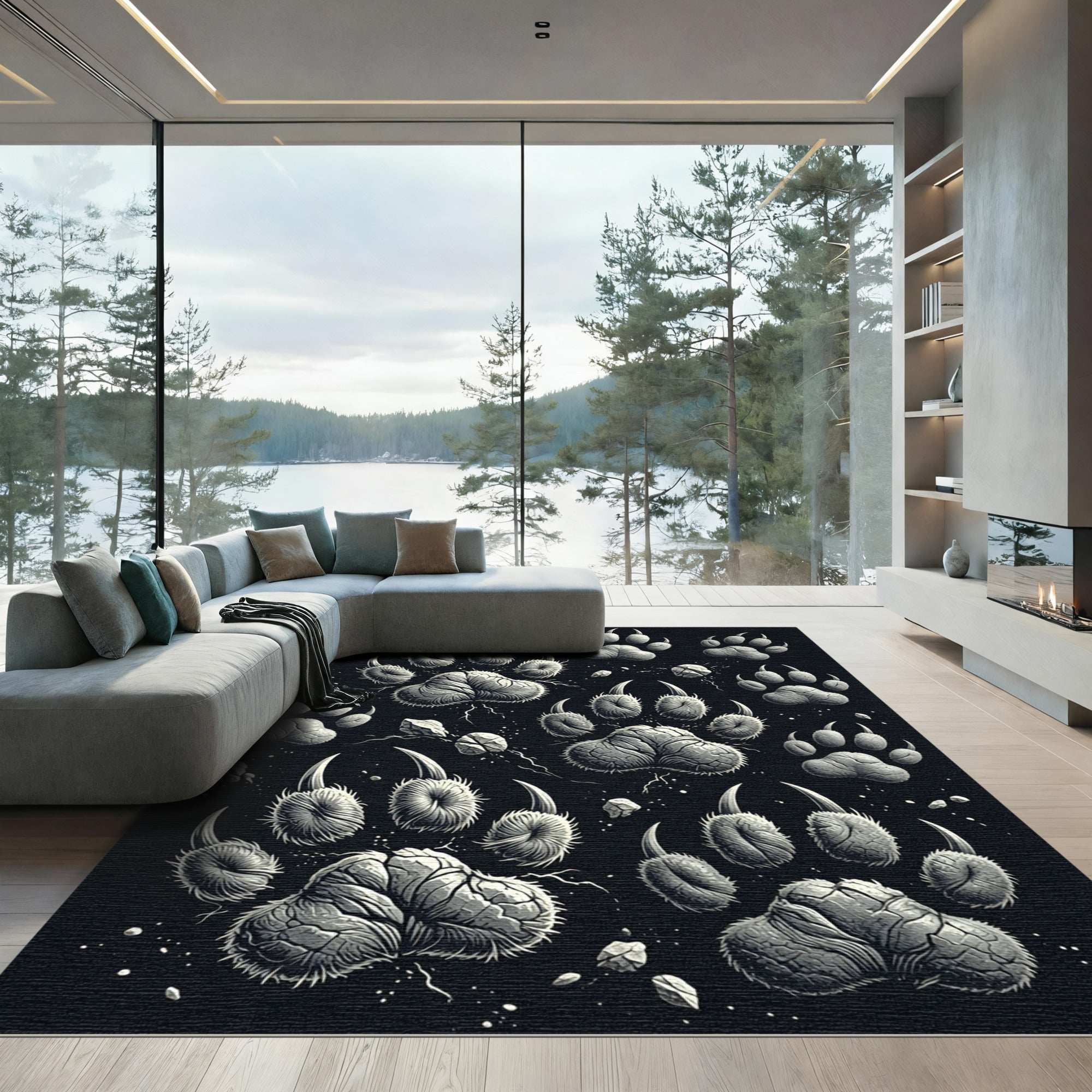 Grayscale Fierce Paw Print Scatter Rug