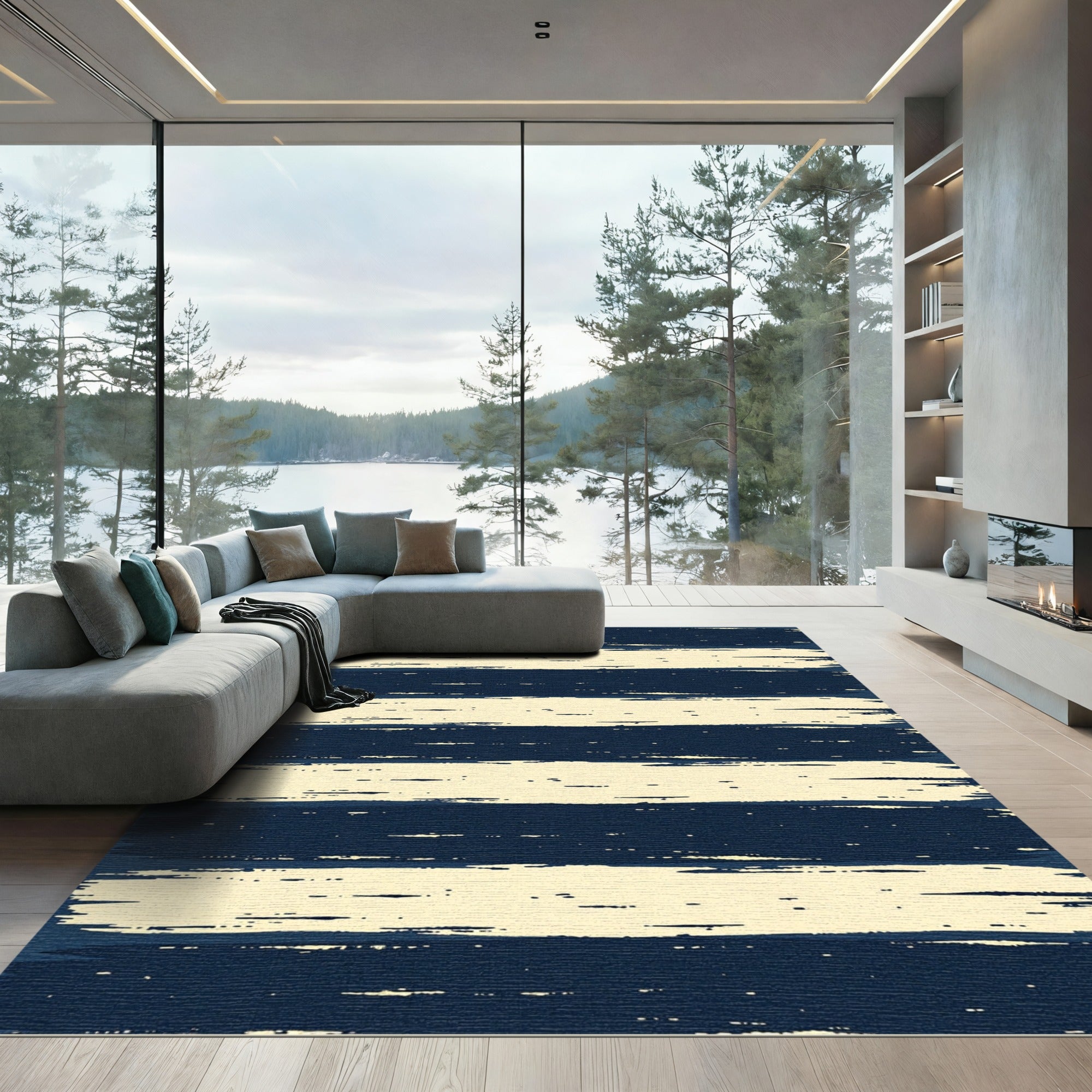 Navy and Cream Distressed Horizontal Stripes Rug