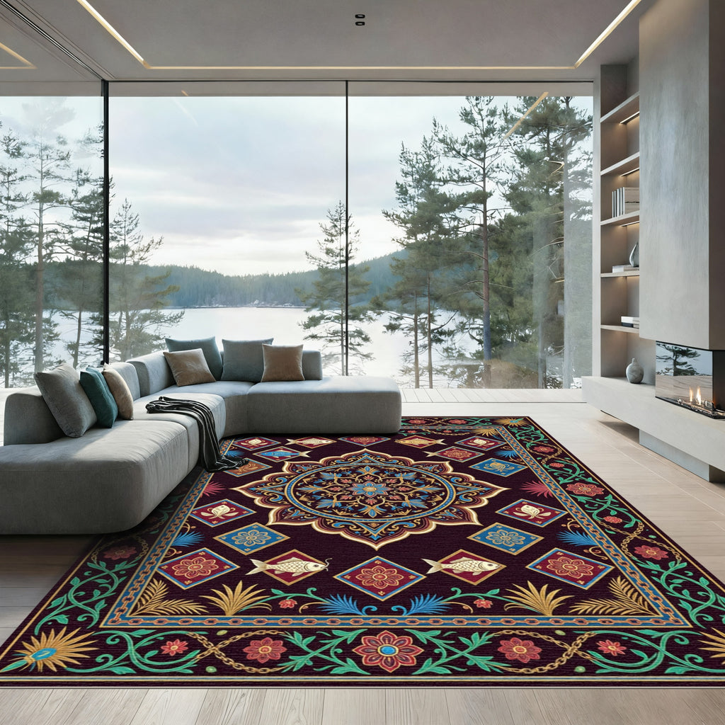 Ornate Deep Teal Koi Medallion Rug