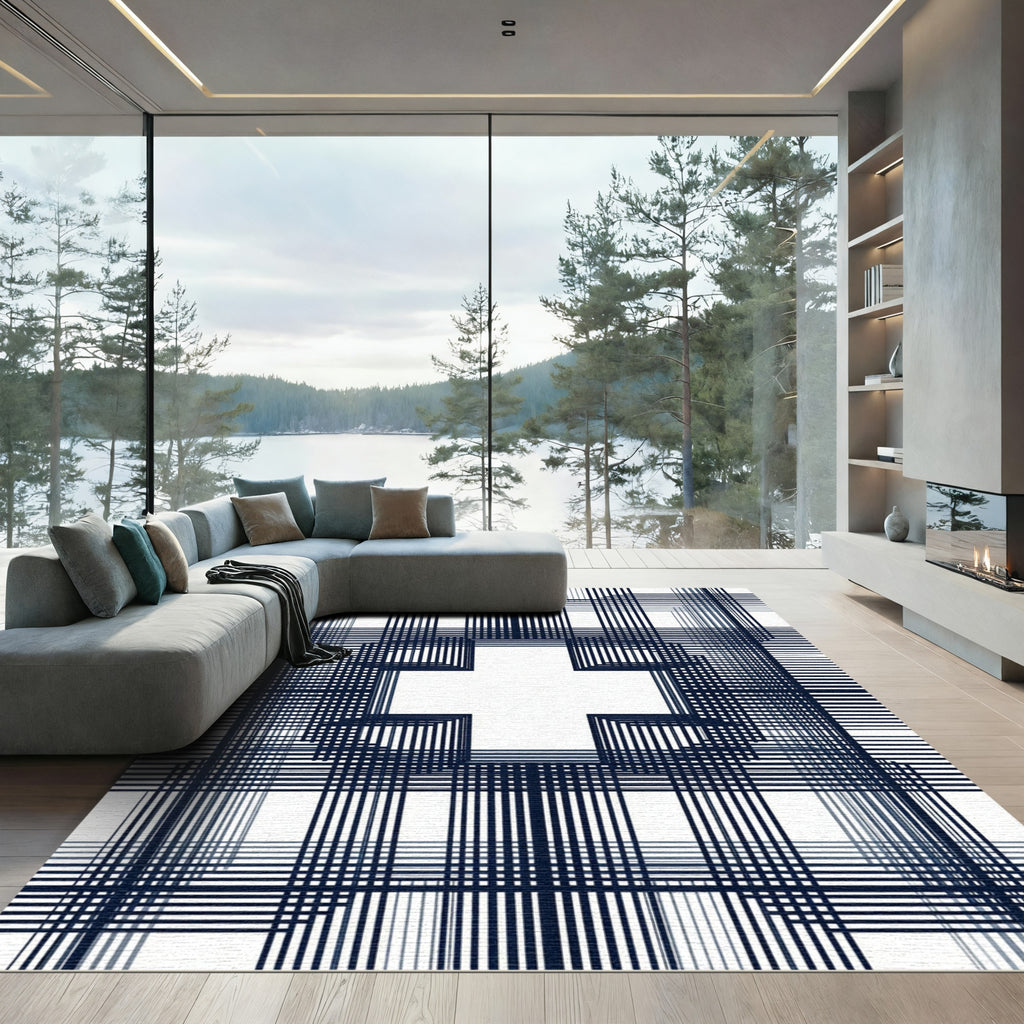 Dark Blue Geometric Plaid Cross Rug