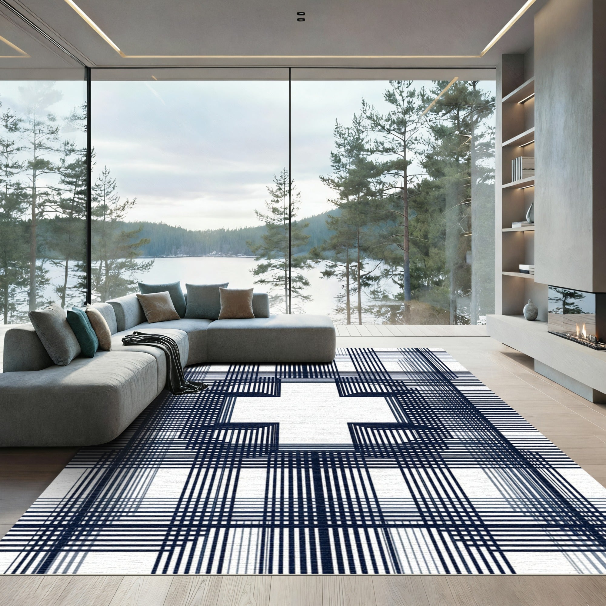 Dark Blue Geometric Plaid Cross Rug