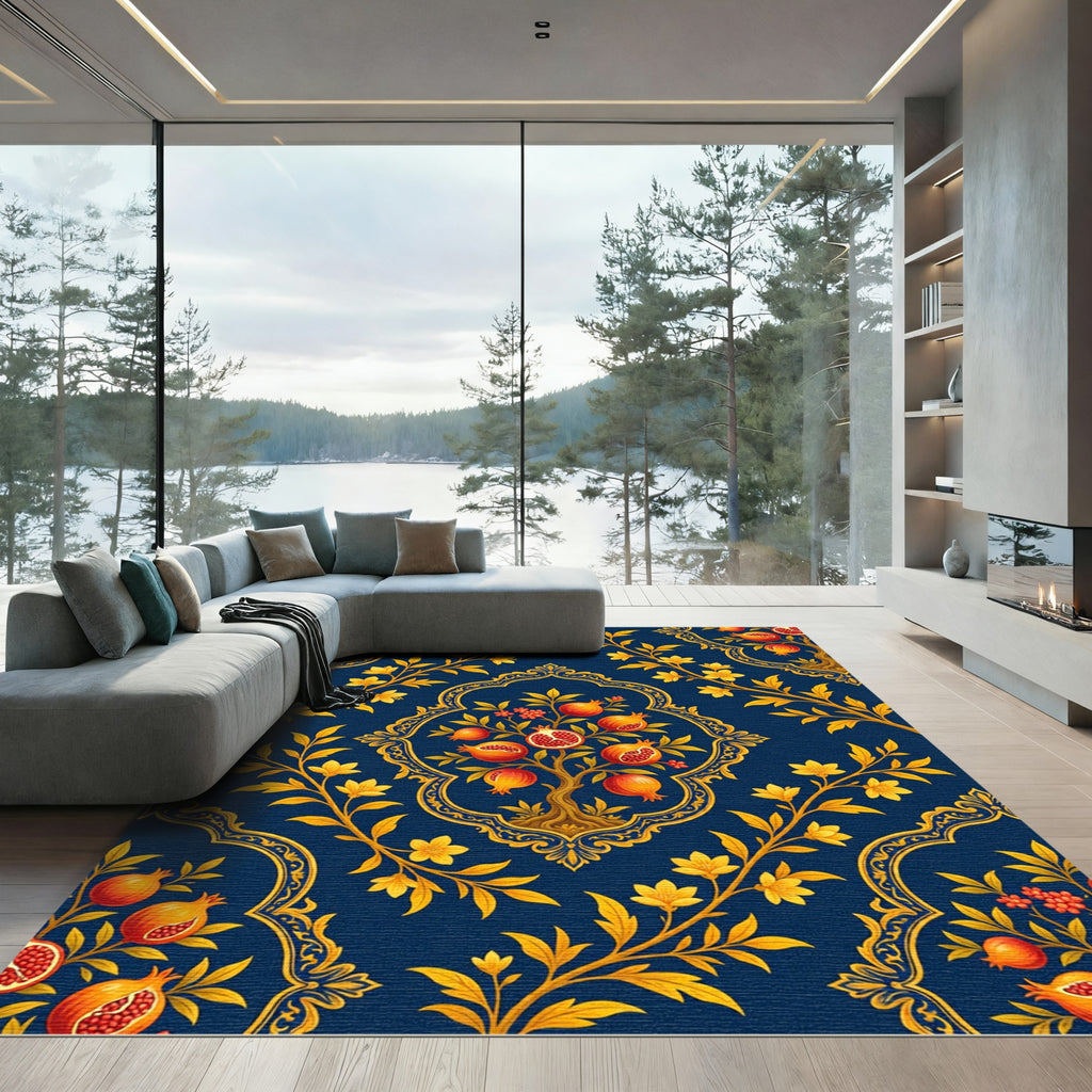 Navy Golden Pomegranate Tree Damask Rug