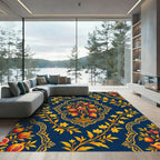 Navy Golden Pomegranate Tree Damask Rug