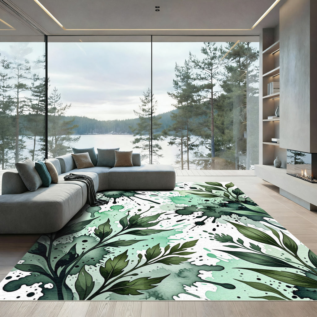Emerald Botanical Watercolor Ink Splash Rug