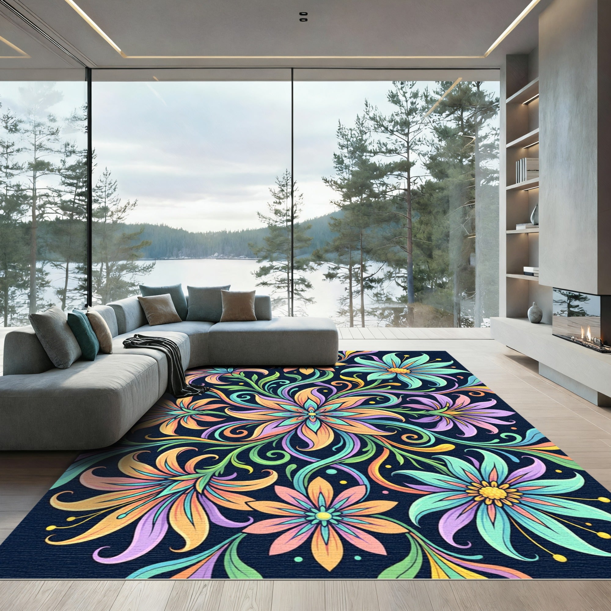 Vibrant Floral Swirl Medallion Art Rug