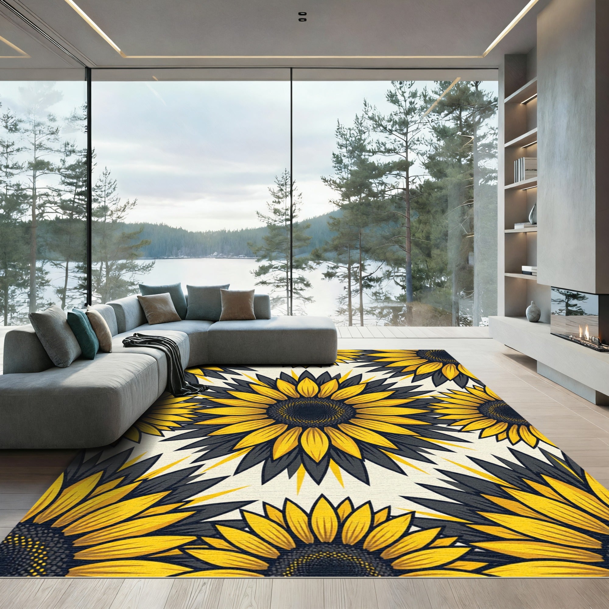 Vibrant Golden Sunflower Floral Medallion Rug