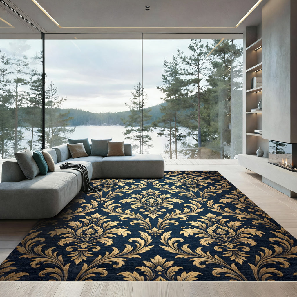 Elegant Navy Gold Damask Scroll Rug