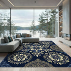 Midnight Navy Floral Gold Mandala Rug