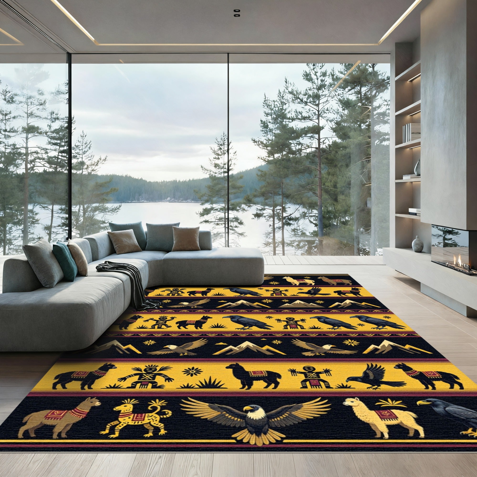 Golden Yellow Tribal Eagle Llama Raven Rug