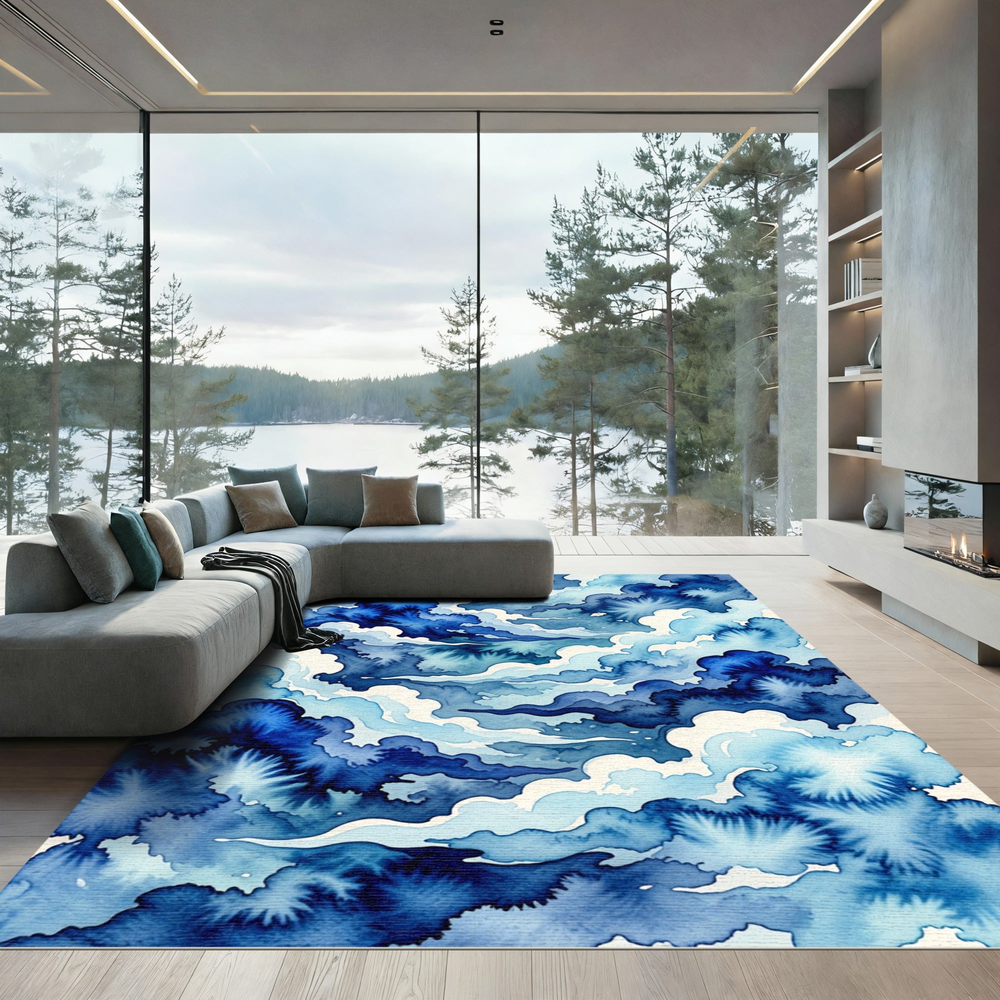 Abstract Indigo Watercolor Storm Cloud Rug