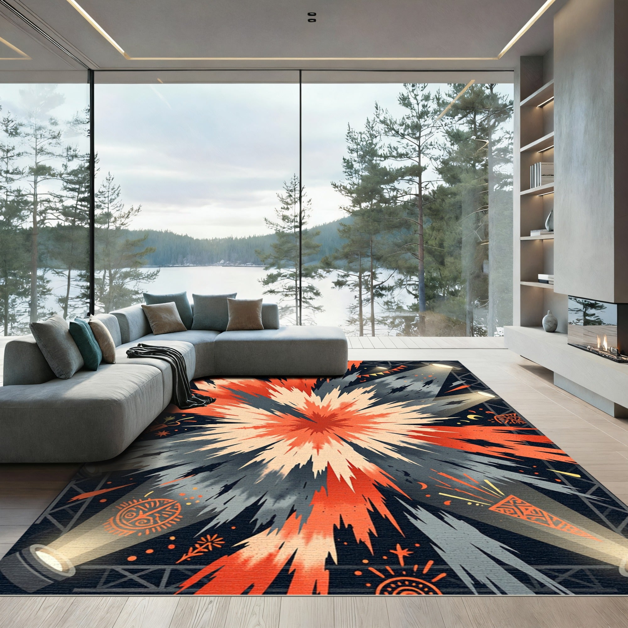 Crimson Orange Burst Spotlight Explosion Rug