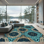 Teal and Gold Geometric Hexagon Rug