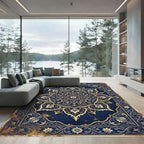 Midnight Blue Ornate Gold Floral Medallion Rug