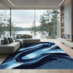 Swirling Azure Ink Abstract Wave Rug