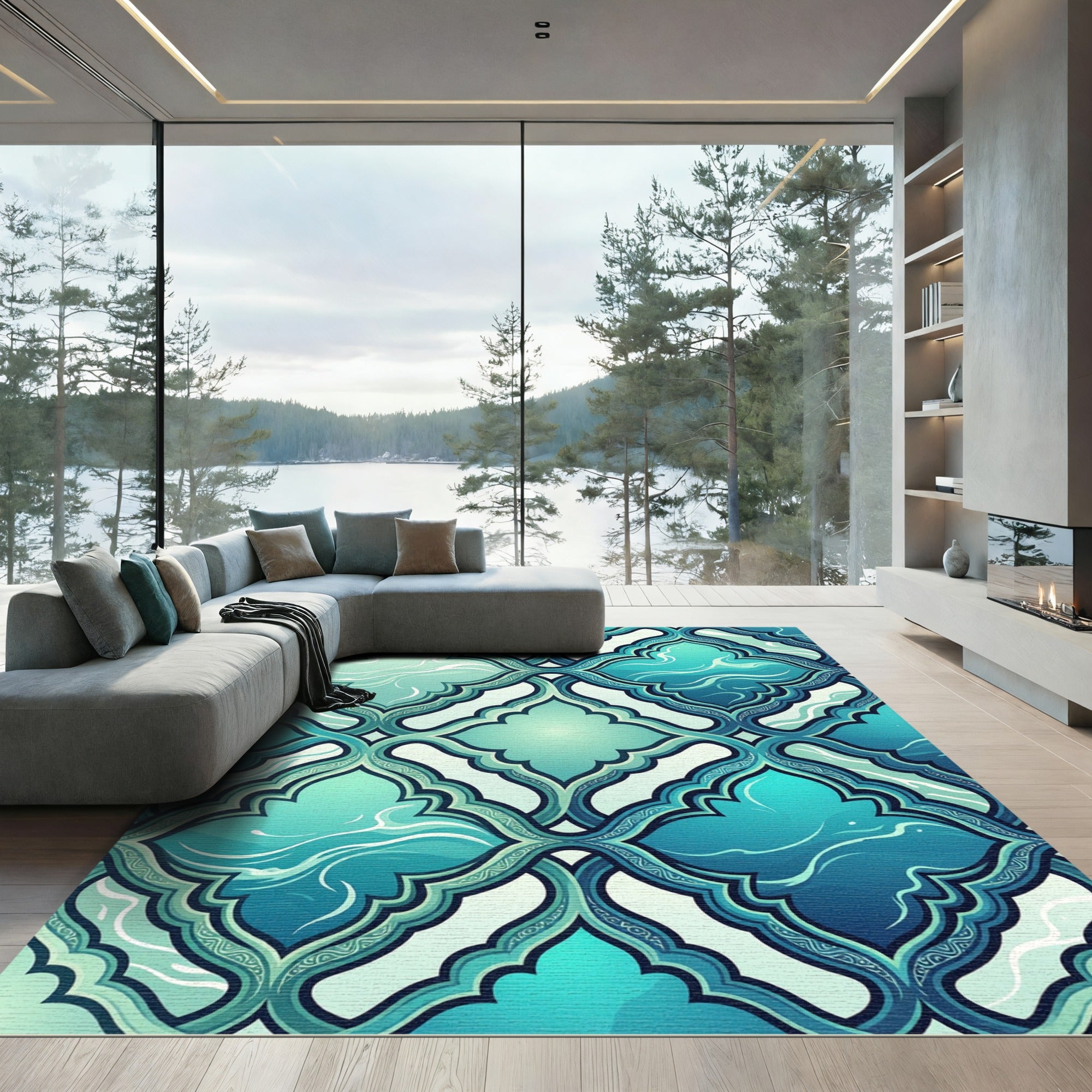 Teal Quatrafoil Flowing Wave Tile Rug
