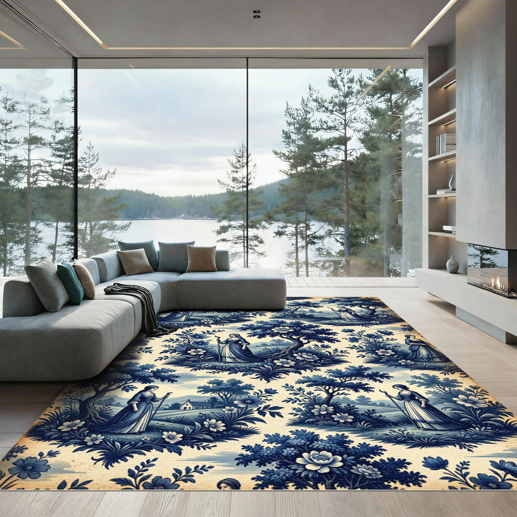 Blue White Pastoral Landscape Scene Rug