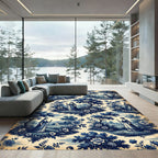 Blue White Pastoral Landscape Scene Rug